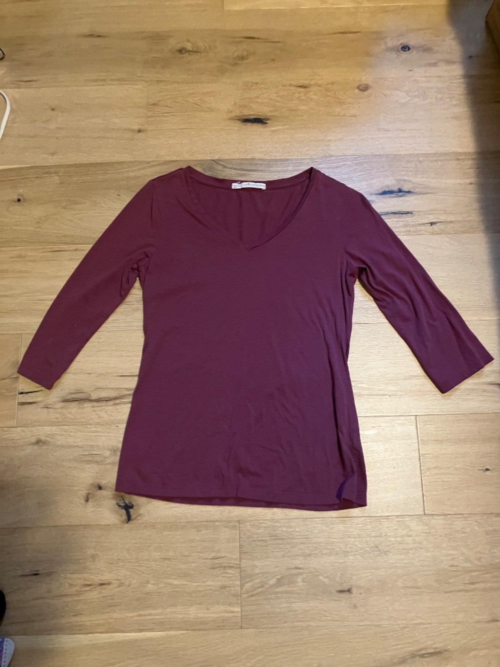 Peruvian Connection XS Pima Cotton V-Neck 3/4 Sleeve Top Burgundy